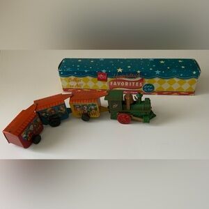 Vintage RUSS Wind-Up Tin Train with Green Locomotive and Red Wheels